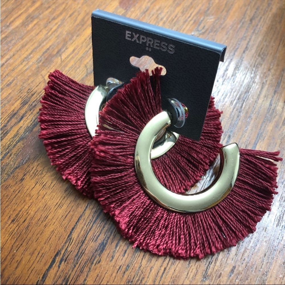 Express Maroon & Gold Fringe hoop earrings